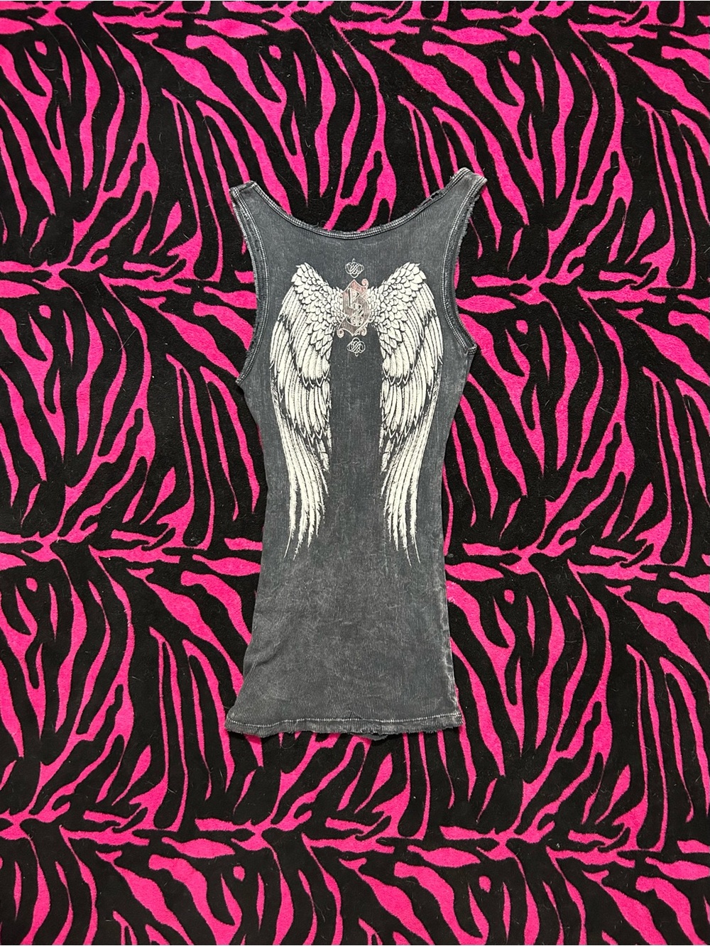 Y2K vintage Sinful by Affliction Ribbed Tank Top Angel Wings Grunge McBling